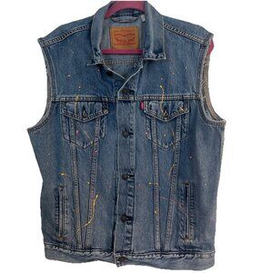 MEN'S SIZE Large LEVI'S THE TRUCKER JEAN VEST IN WZAP PAINT SPLATTER DENIM